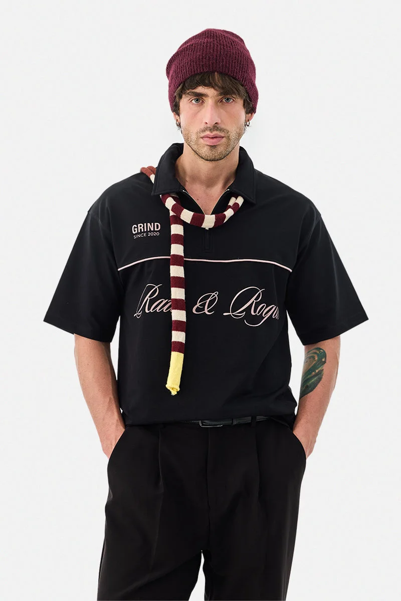 سنيتش Stretch Zip Collar Oversized Graphic Zipper T-Shirt